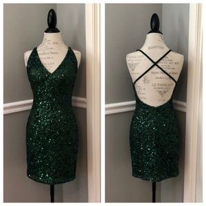 NEW SCALA SZ 0 FOREST GREEN SEQUIN BEAD COCKTAIL HOMECOMING DRESS
